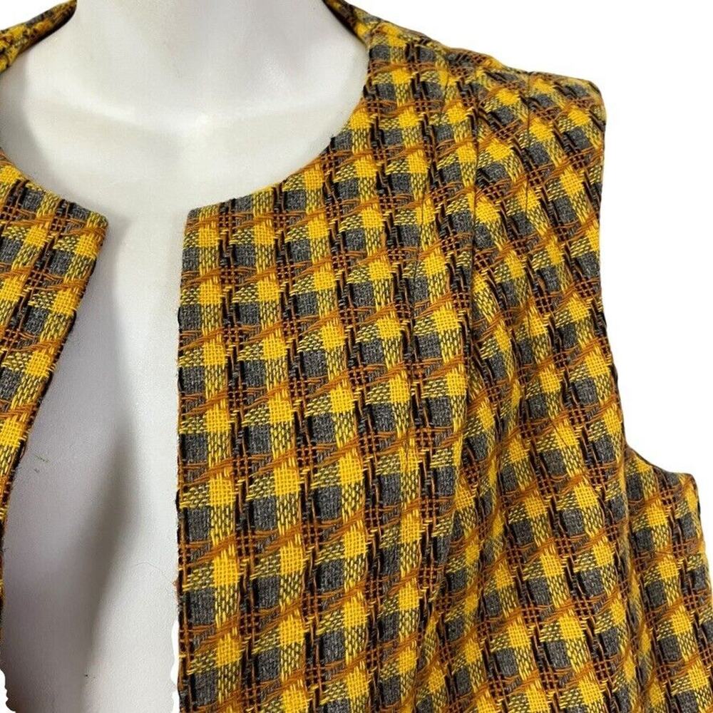 Womens Yellow Gray Tweed Plaid Open Style Vest Vintage Sleeveless Jacket sz M - Picture 9 of 16